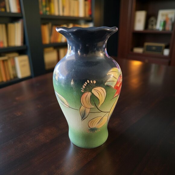 Vintage Hand - Painted Orchid Floral Clay Art Nouveau Vase - Picture 3 of 9